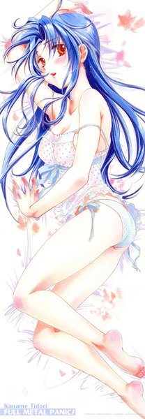 Anime picture 1408x4051 with full metal panic! gonzo chidori kaname tagme (artist) single long hair tall image looking at viewer blush open mouth light erotic red eyes blue hair lying barefoot from above inscription legs dakimakura (medium) girl