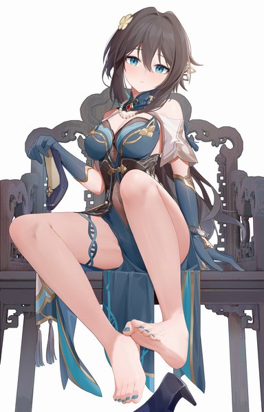 Anime picture 1886x2948 with honkai: star rail honkai (series) ruan mei (honkai: star rail) wood cube single long hair tall image looking at viewer blush fringe highres breasts light erotic simple background hair between eyes brown hair white background sitting bare shoulders holding