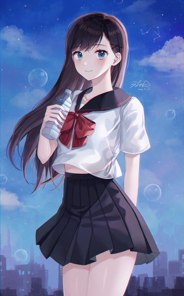 Anime picture 2680x4306 with original monjja single long hair tall image looking at viewer blush fringe highres blue eyes black hair smile standing holding signed sky cloud (clouds) outdoors pleated skirt short sleeves