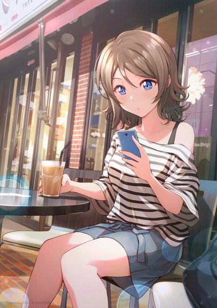 Anime picture 764x1087 with love live! sunshine!! sunrise (studio) love live! watanabe you shamakho single tall image fringe short hair blue eyes hair between eyes sitting holding looking away outdoors grey hair off shoulder wide sleeves alternate costume striped