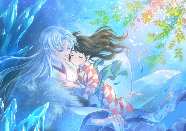 Anime picture 1200x848 with inuyasha sesshomaru rin (inuyasha) tokiko (psychopomp) long hair blush smile brown hair signed silver hair full body bent knee (knees) eyes closed traditional clothes japanese clothes barefoot pointy ears sunlight wide sleeves hug
