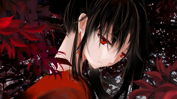 Anime picture 1920x1080 with original msxg single long hair fringe highres black hair red eyes wide image looking away traditional clothes japanese clothes girl plant (plants) earrings leaf (leaves)