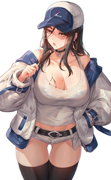 Anime-Bild 1944x3153 mit original hua-j single long hair tall image looking at viewer fringe highres breasts open mouth light erotic simple background hair between eyes brown hair large breasts standing white background holding brown eyes off shoulder