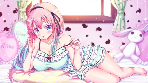 Anime picture 3969x2232 with original tenzeru single long hair looking at viewer blush highres breasts open mouth blue eyes light erotic wide image large breasts bare shoulders payot pink hair absurdres cleavage full body bent knee (knees)