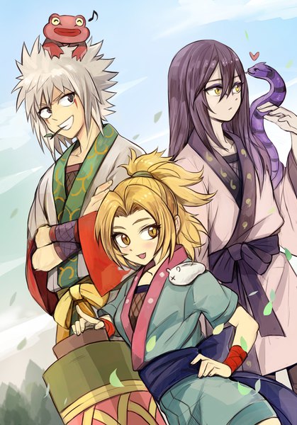 Anime picture 800x1146 with naruto studio pierrot naruto (series) tsunade jiraiya orochimaru katsuyu (naruto) manda (naruto) gamabunta boring (brtgm) long hair tall image looking at viewer fringe short hair open mouth black hair blonde hair smile hair between eyes