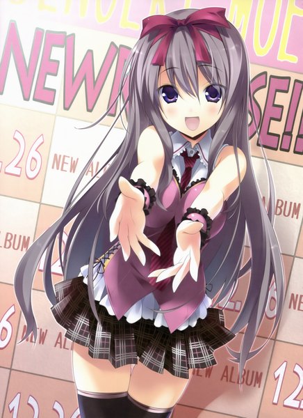 Anime picture 2954x4066 with original sakana single long hair tall image looking at viewer blush highres open mouth purple eyes bare shoulders grey hair girl thighhighs skirt bow black thighhighs hair bow miniskirt frills