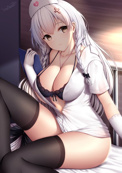 Anime picture 1273x1800 with azur lane hermione (azur lane) hermione (pure white angel) (azur lane) wsman single long hair tall image blush fringe breasts light erotic large breasts sitting holding signed yellow eyes looking away cleavage silver hair bent knee (knees)
