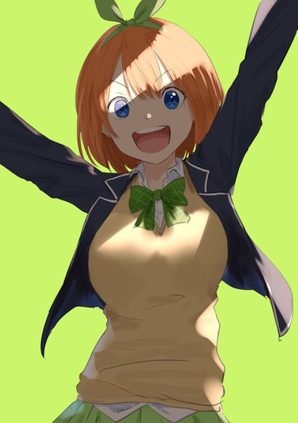 Anime picture 1748x2480 with go-toubun no hanayome nakano yotsuba misaki nonaka single tall image looking at viewer fringe highres short hair breasts open mouth blue eyes simple background smile hair between eyes standing upper body :d orange hair open clothes