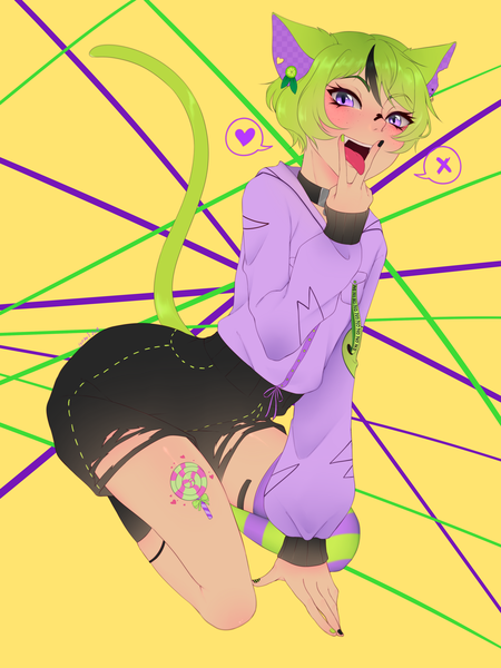 Anime picture 3000x4000 with original pastel-puke single tall image looking at viewer blush fringe highres short hair open mouth sitting purple eyes signed animal ears full body bent knee (knees) tail nail polish animal tail multicolored hair