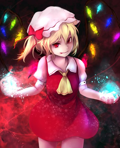 Anime picture 2480x3054 with touhou flandre scarlet gracehoo single tall image looking at viewer highres short hair blonde hair red eyes magic vampire girl dress wings bonnet crystal