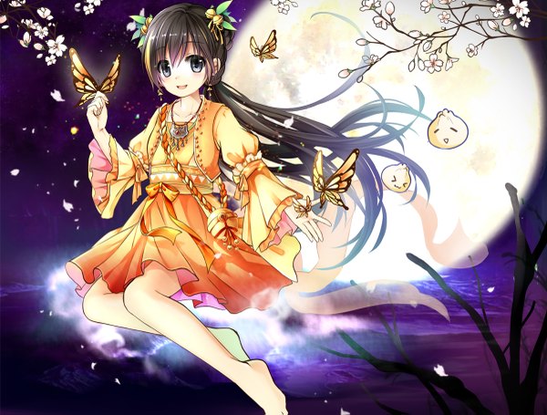 Anime picture 1200x911 with original gyaza single long hair looking at viewer blush open mouth black hair black eyes butterfly on hand girl dress hair ornament flower (flowers) petals insect butterfly moon bell jingle bell