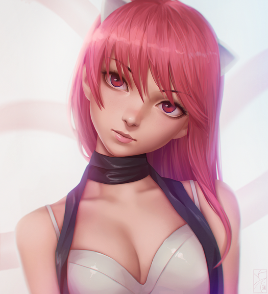 Anime picture 1150x1260 with elfen lied arms corporation lucy miura-n315 single long hair tall image looking at viewer fringe light erotic simple background hair between eyes white background pink hair upper body head tilt pink eyes horn (horns) lips realistic