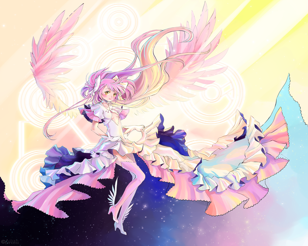 Anime picture 1600x1278 with mahou shoujo madoka magica shaft (studio) kaname madoka goddess madoka princess ailish single long hair blush blonde hair smile yellow eyes pink hair sky bent knee (knees) multicolored hair wind sunlight night sky gradient hair skirt lift