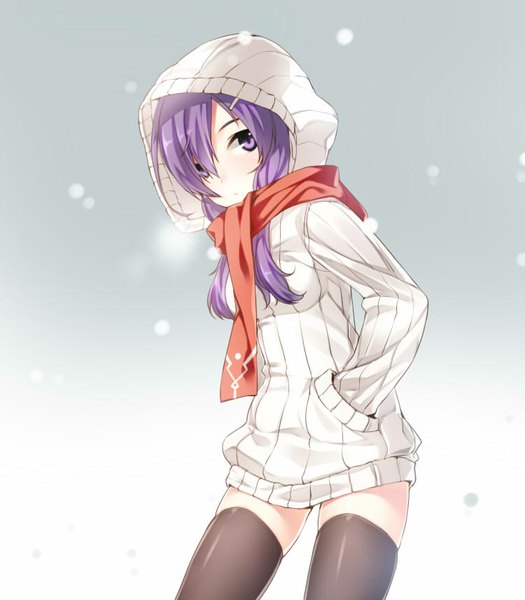 Anime picture 750x857 with elsword aisha landar kuro (kuronell) single long hair tall image looking at viewer blush standing purple eyes purple hair leaning leaning forward snowing exhalation hand in pocket girl thighhighs hair ornament black thighhighs