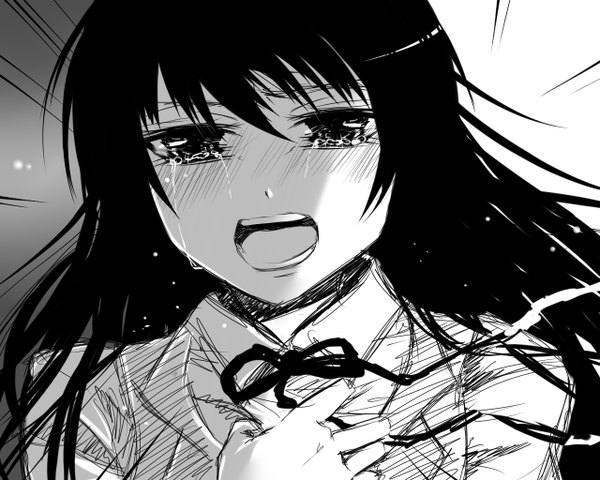 Anime picture 1280x1024 with original nami (nyaa) single long hair looking at viewer open mouth black hair simple background black eyes grey background monochrome face crying girl uniform bowtie teardrop