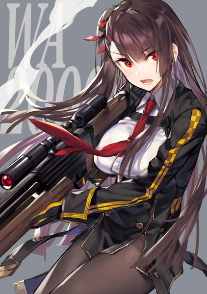 Anime picture 704x1000 with girls frontline wa2000 (girls frontline) noy single long hair tall image looking at viewer fringe breasts open mouth simple background red eyes brown hair large breasts holding payot blunt bangs long sleeves grey background character names