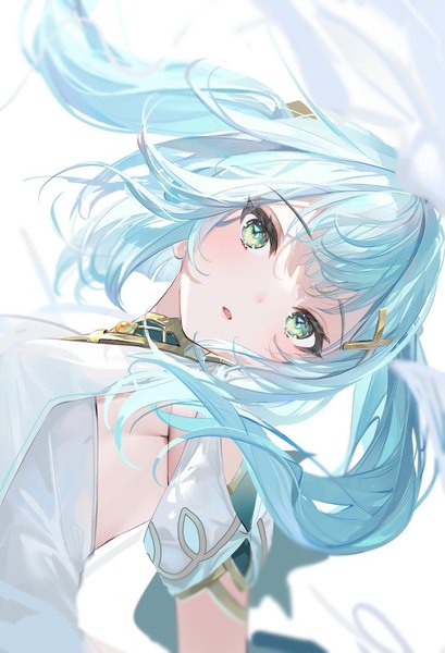 Anime picture 750x1100 with genshin impact faruzan (genshin impact) ouri (aya pine) single long hair tall image looking at viewer simple background white background twintails green eyes blue hair upper body head tilt girl hair ornament x hair ornament