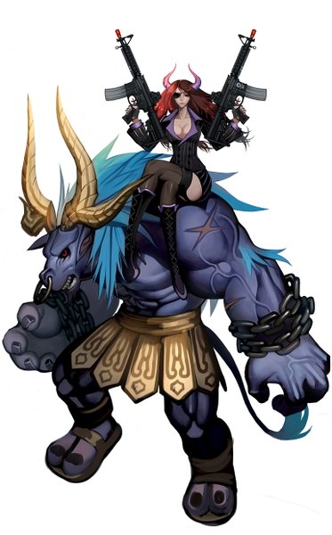 Anime picture 771x1239 with league of legends miss fortune (league of legends) alistar (league of legends) tyutii long hair tall image looking at viewer breasts simple background red eyes white background sitting blue hair looking away cleavage red hair tail horn (horns) high heels alternate costume