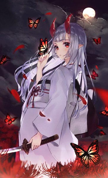 Anime picture 912x1500 with original kusaka kou single long hair tall image looking at viewer blush fringe red eyes standing holding silver hair cloud (clouds) outdoors blunt bangs traditional clothes japanese clothes horn (horns) wind night