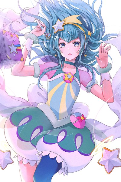 Anime picture 750x1125 with precure star twinkle precure toei animation hagoromo lala cure milky tokeshi single long hair tall image looking at viewer open mouth simple background white background aqua eyes aqua hair magical girl girl hair ornament earrings choker