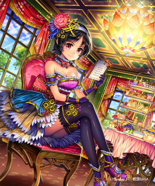 Anime picture 833x1000 with sengoku saga ells (ellsat) single tall image blush fringe short hair breasts light erotic black hair smile red eyes sitting bare shoulders holding looking away sky cleavage cloud (clouds) indoors