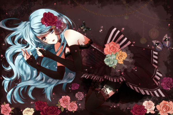 Anime picture 1600x1064 with vocaloid hatsune miku tsukumo single long hair highres open mouth bare shoulders lying hair flower aqua eyes aqua hair girl thighhighs dress gloves hair ornament flower (flowers) black thighhighs elbow gloves