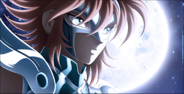 Anime picture 1280x657 with saint seiya toei animation slipknot31 single short hair blue eyes wide image pink hair night sky coloring portrait light face girl armor star (stars) mask full moon