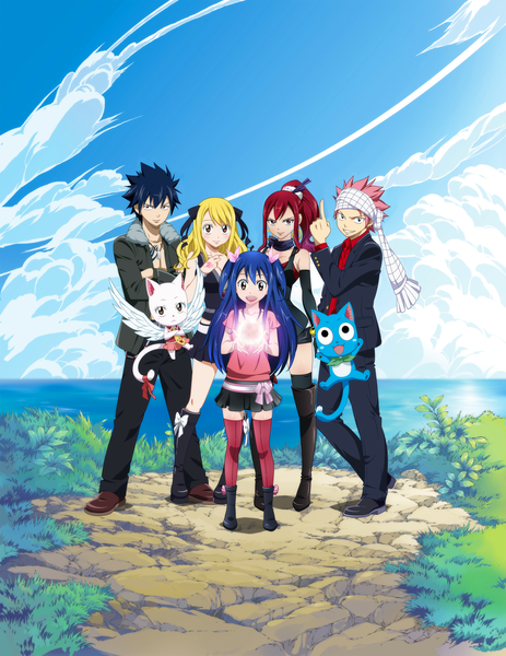 Anime picture 1500x1941 with fairy tail lucy heartfilia erza scarlet natsu dragneel gray fullbuster wendy marvell happy (fairy tail) charle (fairy tail) sal-88 x-ray99 long hair tall image blush short hair open mouth black hair blonde hair smile twintails multiple girls