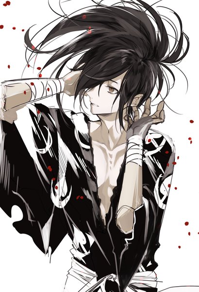 Anime picture 2493x3640 with dororo (tezuka) hyakkimaru (dororo) kaa single long hair tall image fringe highres black hair simple background white background brown eyes looking away upper body traditional clothes japanese clothes hair over one eye boy blood yukata