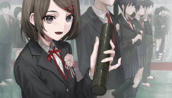 Anime picture 2048x1166 with original nekoreito highres short hair open mouth brown hair wide image standing multiple girls indoors :d black eyes multiple boys solo focus graduation girl boy uniform school uniform bobby pin