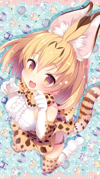 Anime picture 650x1162 with kemono friends serval (kemono friends) konomi (kino konomi) single tall image looking at viewer blush short hair breasts open mouth light erotic blonde hair smile large breasts brown eyes animal ears bent knee (knees) tail :d animal tail