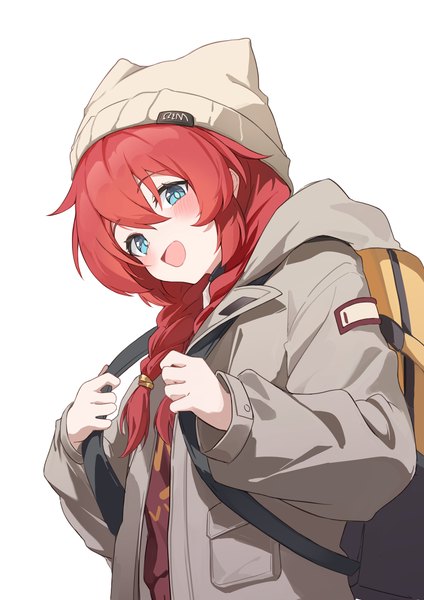 Anime-Bild 2894x4093 mit blue archive maki (blue archive) maki (camp) (blue archive) hishiki (pixi14719710) single long hair tall image blush fringe highres open mouth blue eyes simple background hair between eyes white background red hair :d open jacket from below official alternate costume