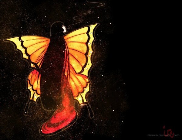 Anime picture 1000x769 with original irenukia single long hair simple background standing signed very long hair from behind black background smoke pale skin insect wings butterfly wings girl wings fireflies