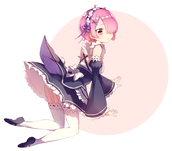 Anime picture 962x844 with re:zero kara hajimeru isekai seikatsu white fox ram (re:zero) leafwow single fringe short hair light erotic pink hair pink eyes hair over one eye maid girl thighhighs dress uniform detached sleeves white thighhighs headdress maid headdress