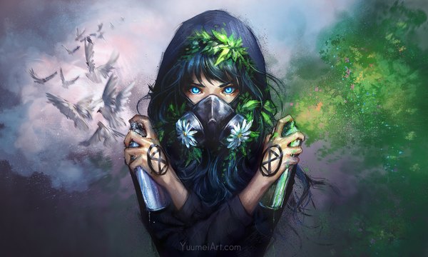 Anime picture 2000x1200 with original yuumei single long hair looking at viewer fringe highres blue eyes black hair wide image holding signed upper body tattoo watermark crossed arms against wall graffiti girl flower (flowers)