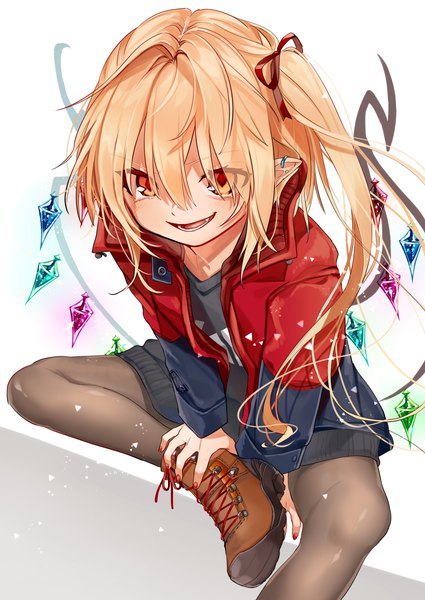 Anime picture 2507x3541 with touhou flandre scarlet gotoh510 single long hair tall image looking at viewer fringe highres simple background blonde hair smile hair between eyes red eyes sitting long sleeves nail polish pointy ears open jacket fang (fangs)