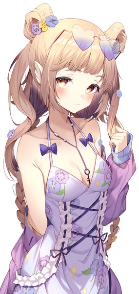 Anime picture 1616x3400 with original jun (aousa0328) single long hair tall image looking at viewer blush fringe simple background blonde hair standing white background bare shoulders yellow eyes payot cleavage blunt bangs long sleeves arm up hair flower