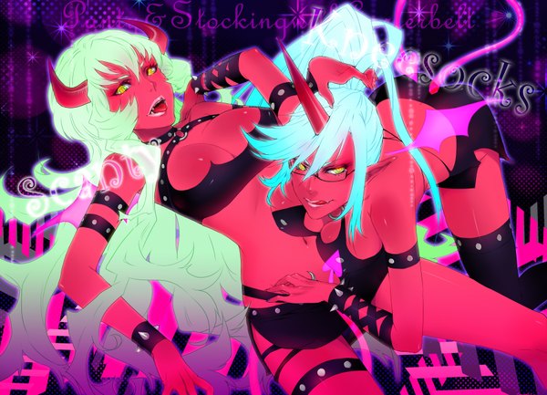 Anime picture 1800x1300 with panty & stocking with garterbelt kneesocks (character) scanty chimachi long hair looking at viewer highres breasts open mouth light erotic multiple girls blue hair horn (horns) green hair pointy ears demon girl red skin girl 2 girls glasses
