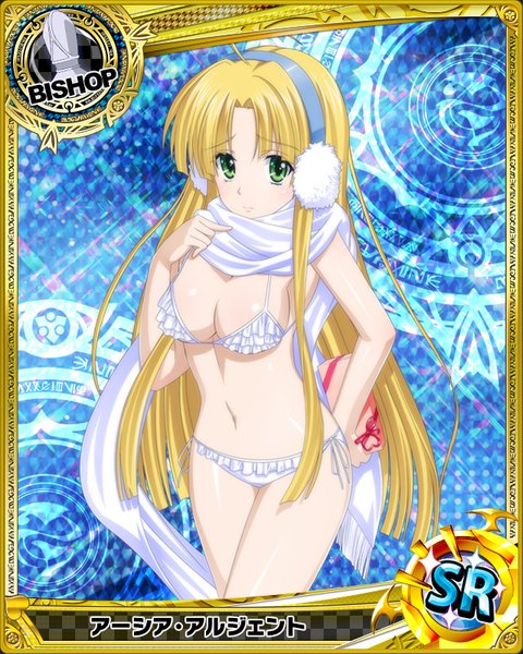 Anime picture 640x800 with highschool dxd asia argento single long hair tall image looking at viewer breasts light erotic blonde hair green eyes card (medium) girl navel swimsuit bikini scarf earmuffs