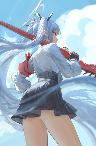Anime picture 890x1344 with blue archive iori (blue archive) meinoss single tall image light erotic red eyes twintails looking away sky silver hair cloud (clouds) very long hair profile pointy ears from below weapon over shoulder girl skirt weapon