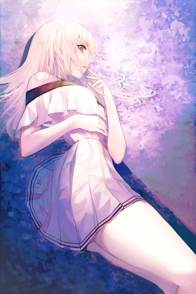 Anime picture 4000x6000 with original neiless neiro single long hair tall image looking at viewer fringe highres open mouth hair between eyes brown eyes absurdres white hair profile pleated skirt from above off shoulder hand to mouth girl skirt