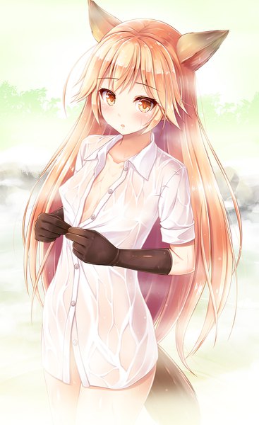 Anime picture 735x1200 with kemono friends ezo red fox (kemono friends) akashio (loli ace) single tall image looking at viewer blush highres breasts light erotic animal ears tail very long hair animal tail orange hair wet orange eyes fox ears fox tail wet clothes
