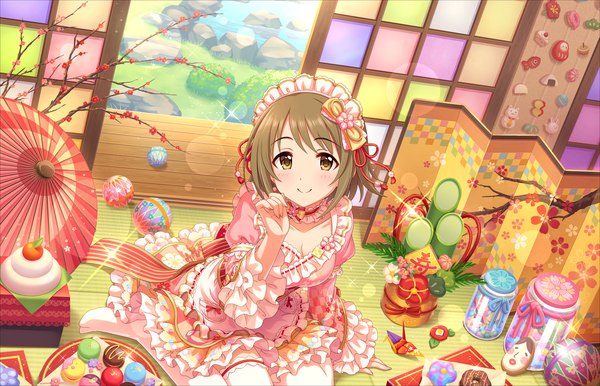 Anime picture 1280x824 with idolmaster idolmaster cinderella girls mimura kanako single looking at viewer blush short hair smile brown hair sitting brown eyes from above sparkle wariza frilled dress new year's coloring girl dress flower (flowers) frills