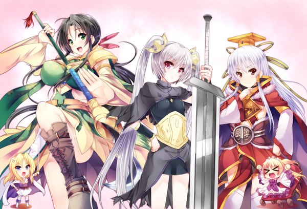 Anime picture 1771x1206 with sangoku hime unicorn-a goban long hair highres light erotic black hair red eyes twintails multiple girls green eyes white hair ponytail traditional clothes girl hair ornament weapon sword boots 3 girls