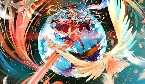 Anime picture 1873x1095 with touhou hinanawi tenshi kirero (pixiv) single long hair highres red eyes wide image multicolored hair space girl dress ribbon (ribbons) hat animal petals bird (birds) star (stars) thigh boots feather (feathers)