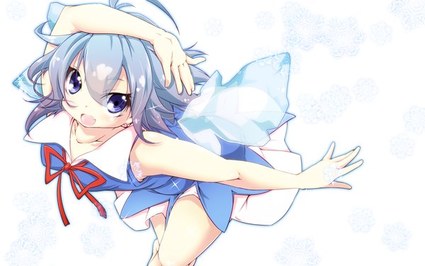 Anime picture 2400x1500 with touhou cirno haruyonoto single looking at viewer highres short hair open mouth blue eyes ahoge barefoot from above aqua hair sparkle sleeveless girl dress ribbon (ribbons) wings snowflake (snowflakes)