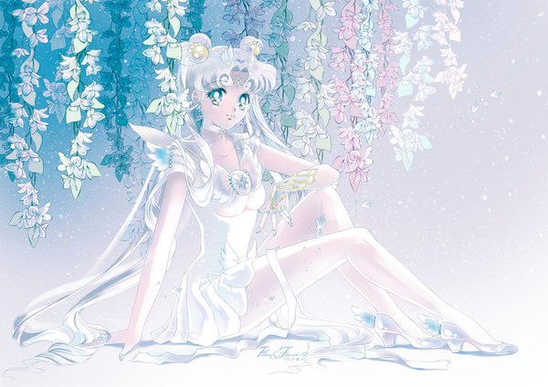 Anime picture 1280x905 with bishoujo senshi sailor moon toei animation sailor cosmos pillara single looking at viewer blue eyes smile sitting twintails signed silver hair full body very long hair fingernails short sleeves hair bun (hair buns) high heels sailor collar forehead mark