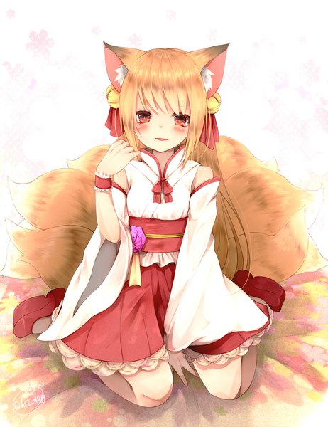 Anime picture 1540x2000 with original chita (ketchup) tall image looking at viewer blush fringe open mouth blonde hair sitting signed animal ears tail traditional clothes japanese clothes animal tail arm up light smile wide sleeves fox ears fox tail