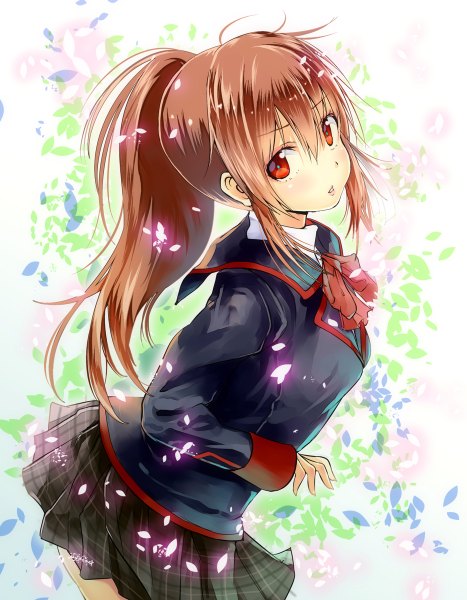 Anime picture 934x1200 with little busters! key (studio) natsume rin yae (mono110) single long hair tall image looking at viewer red eyes brown hair ponytail pleated skirt girl skirt uniform school uniform miniskirt petals bowtie