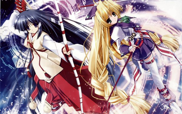 Anime picture 1680x1050 with prism ark priecia kagura (prism ark) ohno tetsuya long hair black hair blonde hair wide image purple eyes twintails multiple girls green eyes traditional clothes japanese clothes low twintails magic miko archery girl thighhighs